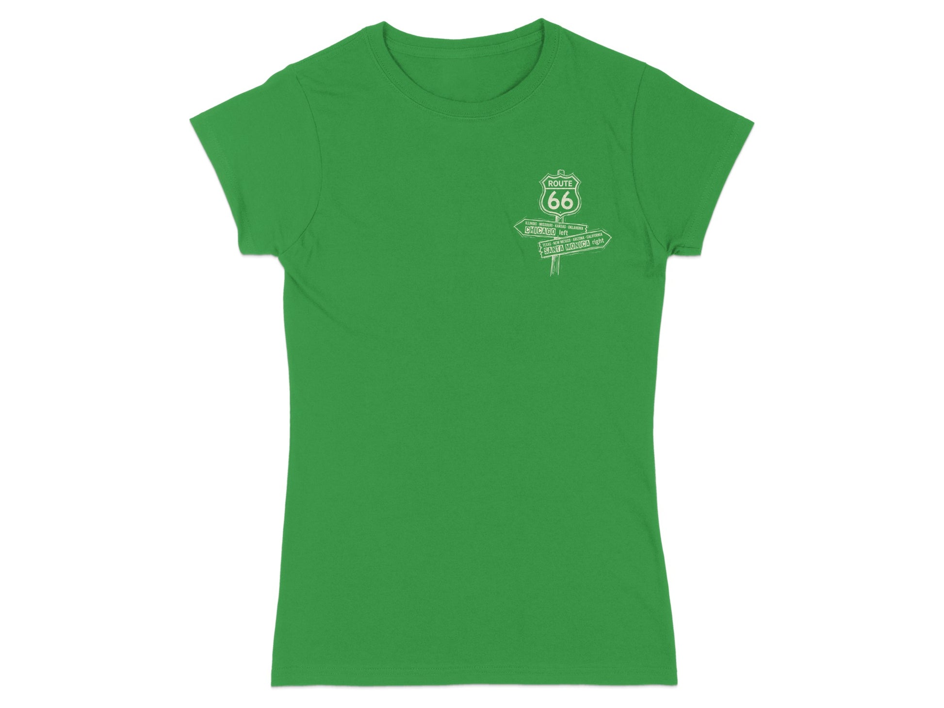 Green t-shirt with Route 66 directional sign graphic indicating Chicago left and Santa Monica right.