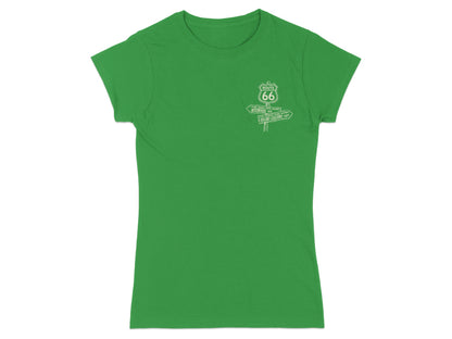 Green t-shirt with Route 66 directional sign graphic indicating Chicago left and Santa Monica right.