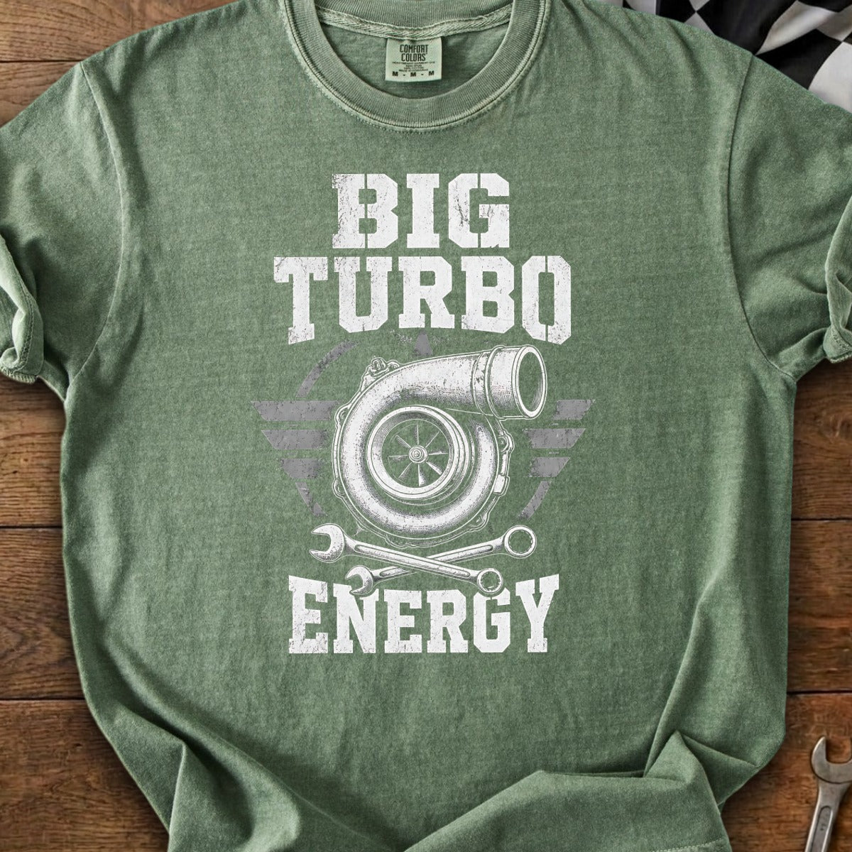 T-shirt with "BIG TURBO ENERGY" text and a graphic of a turbocharger and wrenches.