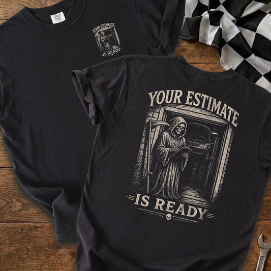Grim Reaper in a garage under text "YOUR ESTIMATE IS READY".