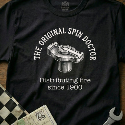 Black t-shirt with "The Original Spin Doctor" and distributor cap graphic.