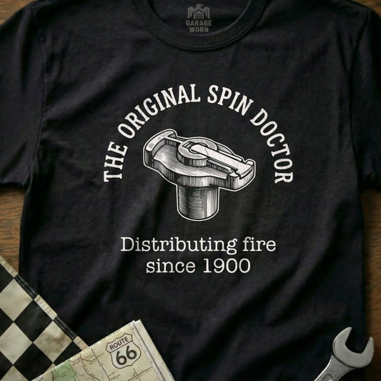 Black t-shirt with "The Original Spin Doctor" and distributor cap graphic.