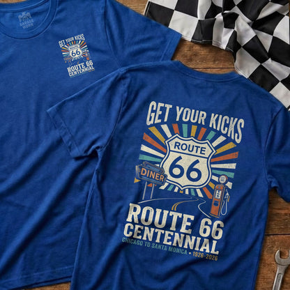 Blue t-shirt with Route 66 Centennial graphic, "Get Your Kicks" diner design.