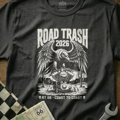T-shirt with "Road Trash 2026" and vulture on motorcycle engine.