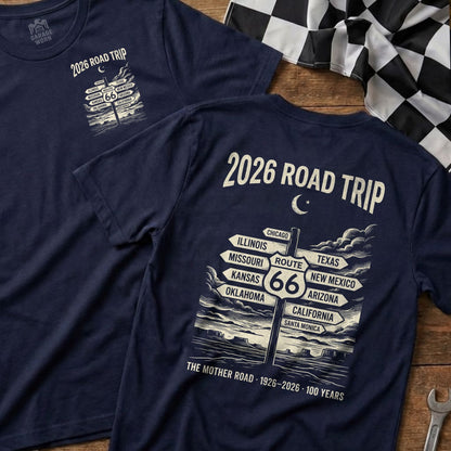 Navy t-shirt with Route 66 map, road signs, and "2026 Road Trip" text.