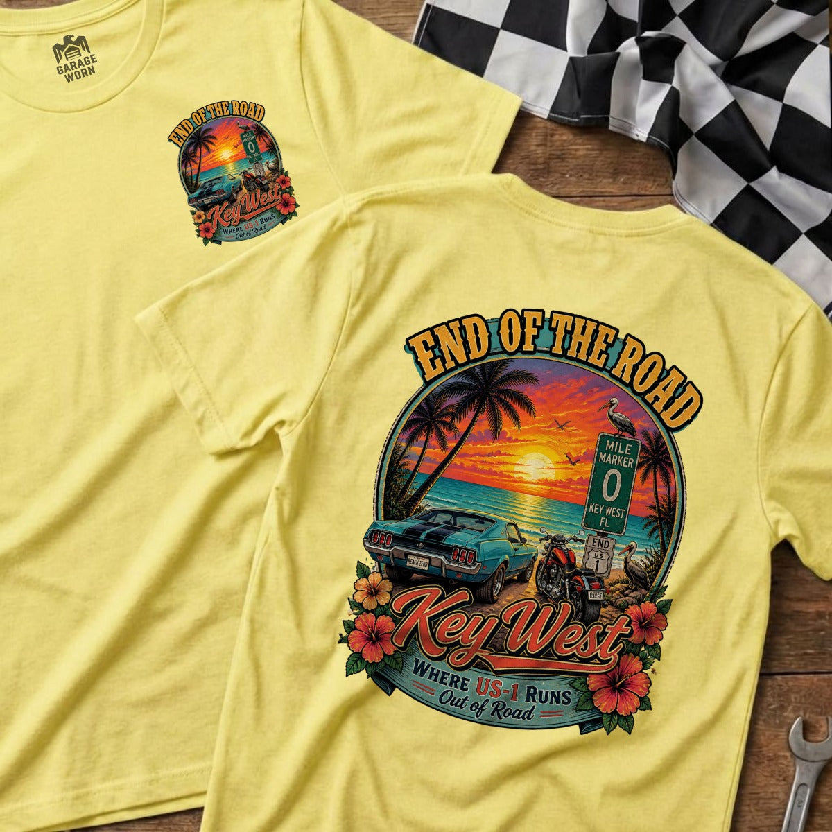 Yellow t-shirt with Key West "End of the Road" graphic featuring a car, motorcycle, and sunset.