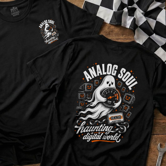 Black t-shirt with "Analog Soul" and ghost graphic featuring speedometer and cassette tape.