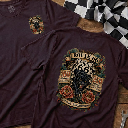 Route 66 shirt with black panther, 100th and 250th anniversary graphics.