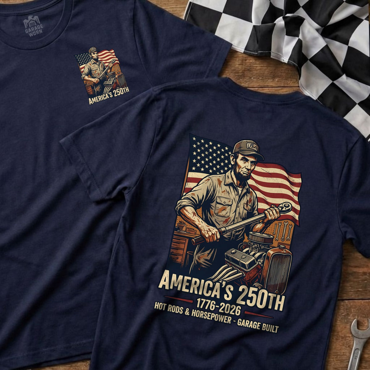 Garage Worn t-shirt with patriotic mechanic and hot rod graphic.