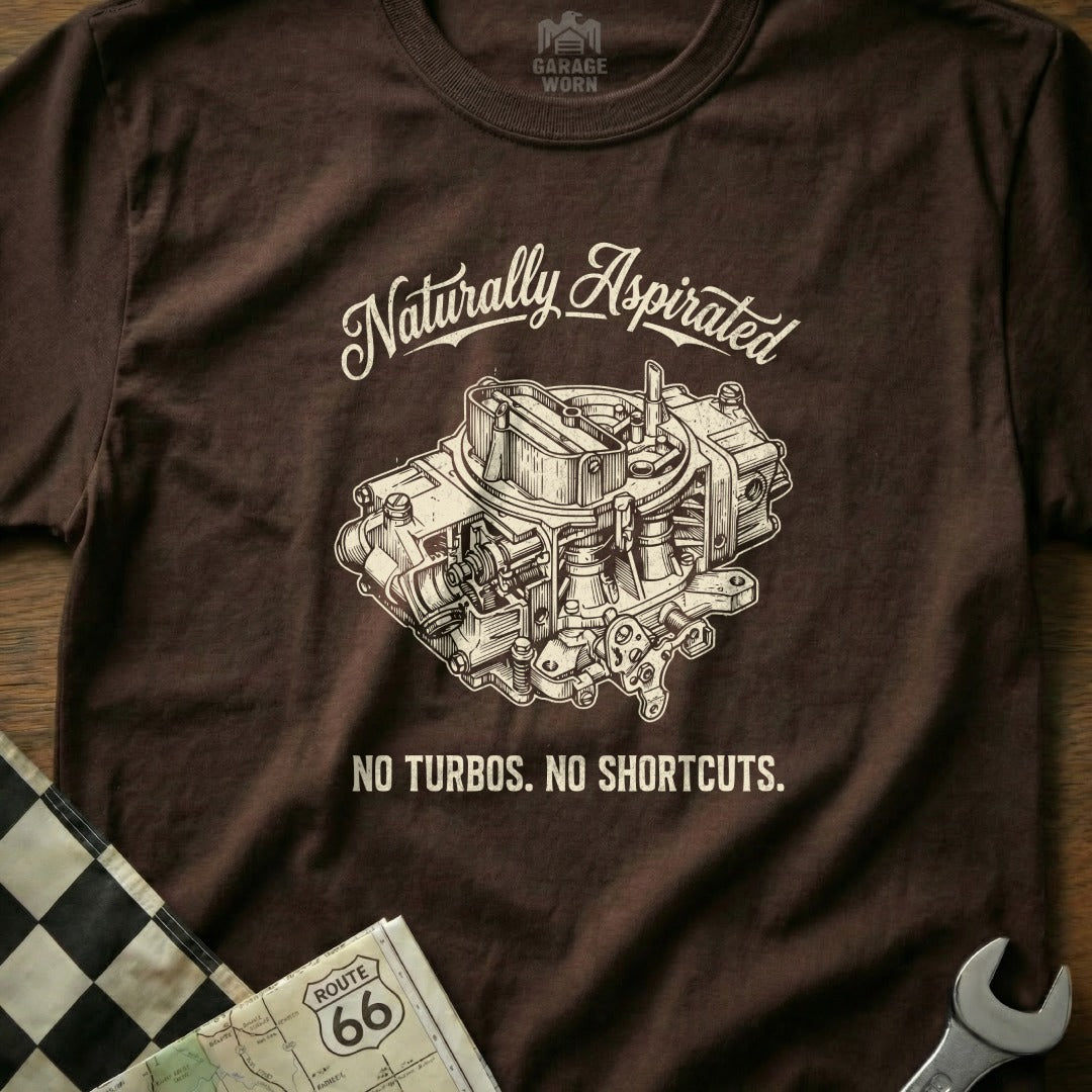 Brown t-shirt with "Naturally Aspirated NO TURBOS. NO SHORTCUTS." and carburetor graphic.