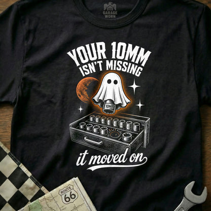 Black t-shirt graphic with ghost holding "10MM" socket and tool drawer.