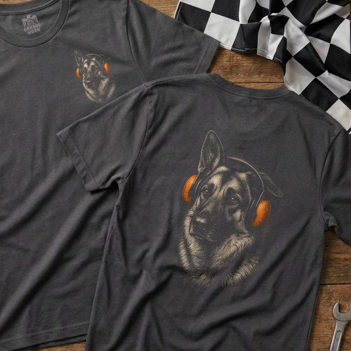 German Shepherd graphic t-shirt with orange headphones and "Garage Worn" logo.