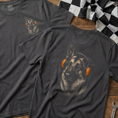 German Shepherd graphic t-shirt with orange headphones and "Garage Worn" logo.