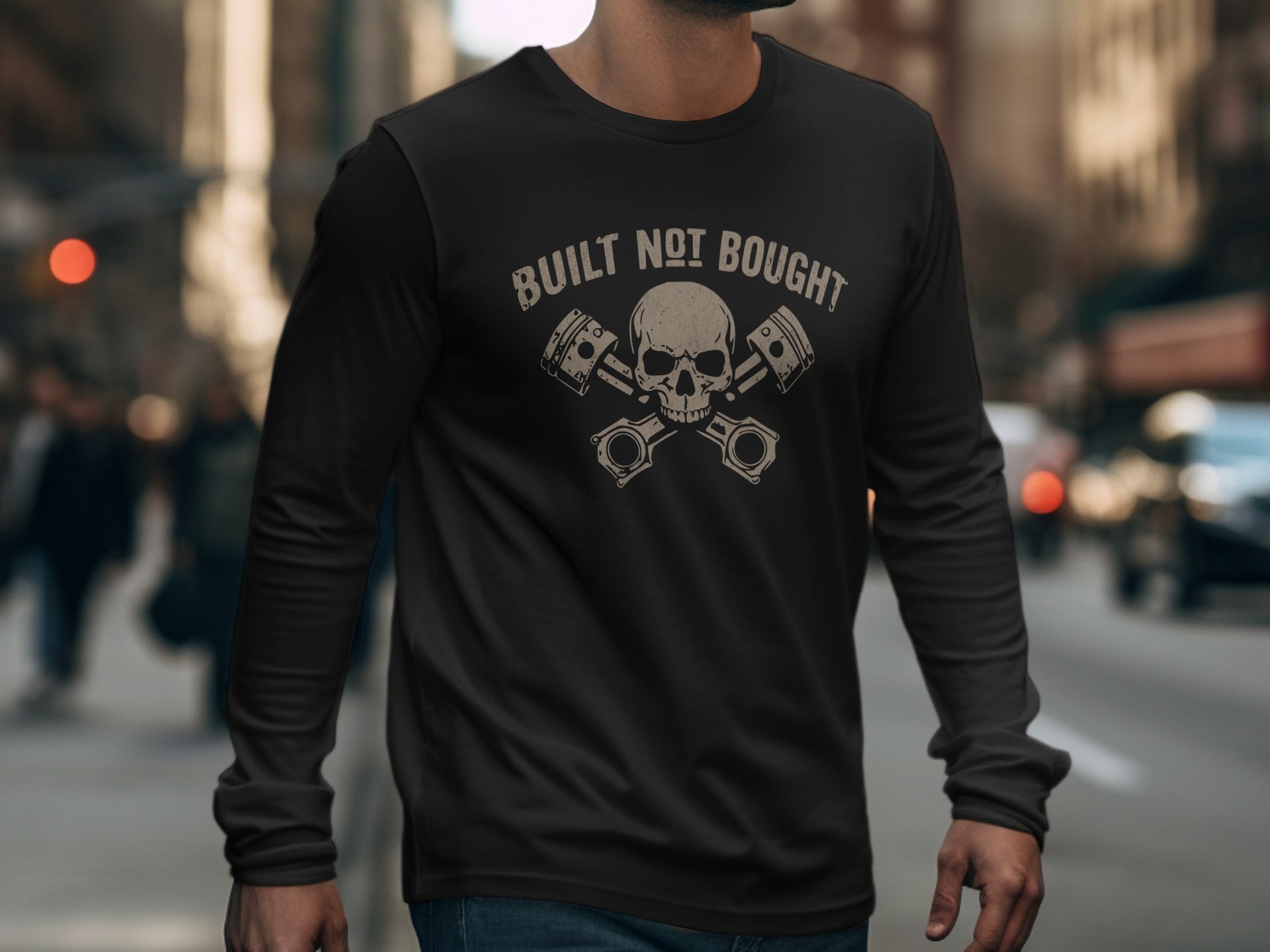 Built Not Bought Skull and Pistons Graphic Long Sleeve