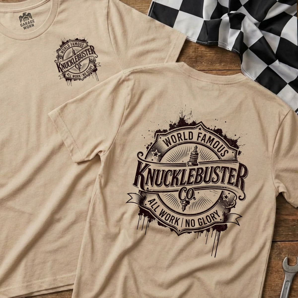 T-shirt with "World Famous Knucklebuster Co." logo on front and back.