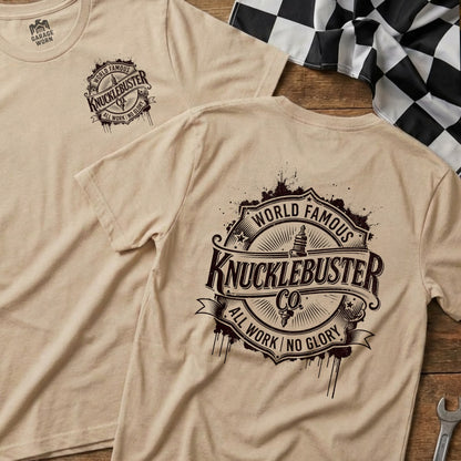 T-shirt with "World Famous Knucklebuster Co." logo on front and back.