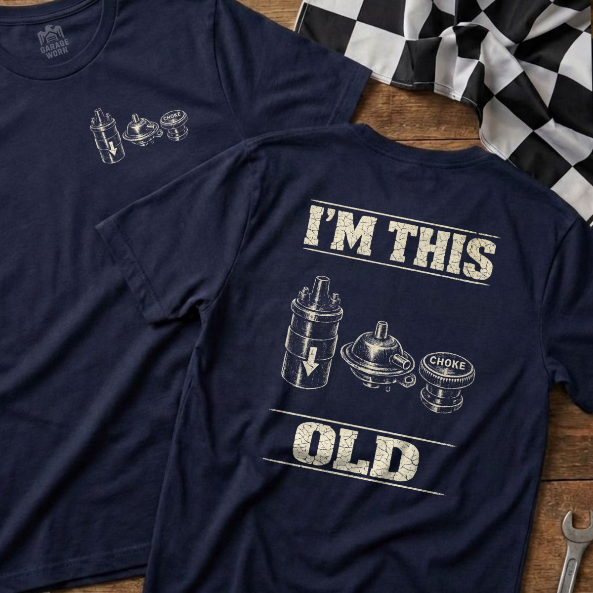 Navy t-shirt with "I'M THIS OLD" text and carburetor illustration.