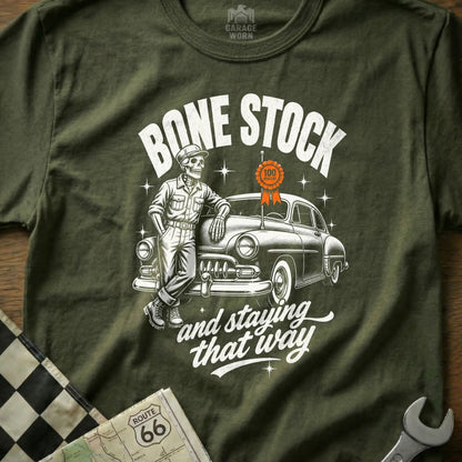 Skeleton leaning on classic car with "Bone Stock and Staying That Way" text.
