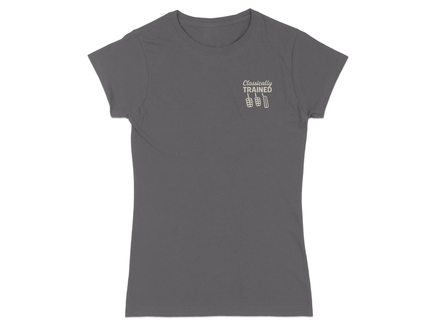 Grey t-shirt with "Classically Trained" text and pedal graphic.
