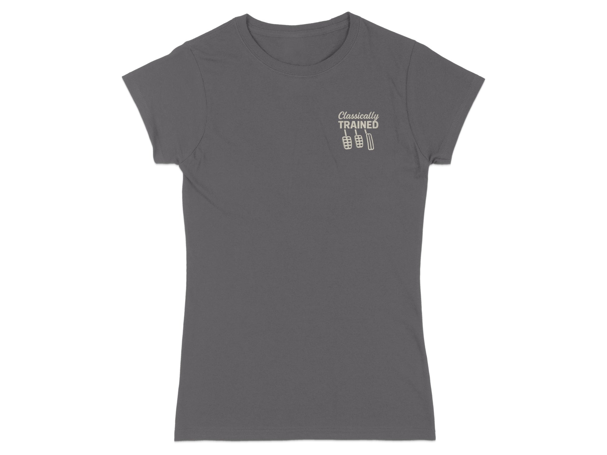 Grey t-shirt with "Classically Trained" text and pedal graphic.