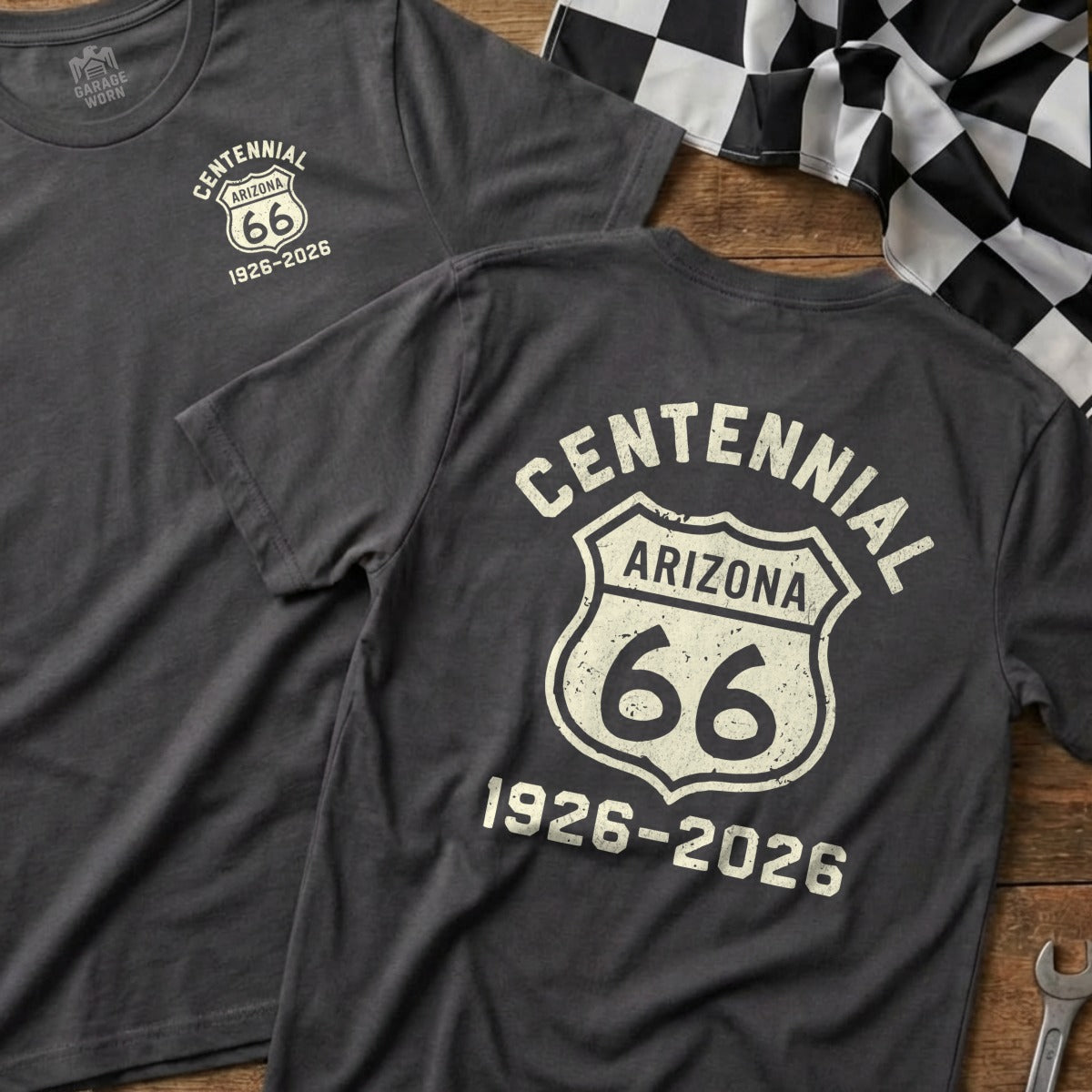 Dark gray t-shirt with Route 66 Arizona Centennial 1926-2026 graphic.
