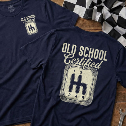 Navy t-shirts with "Old School Certified" and a manual gear shift graphic.