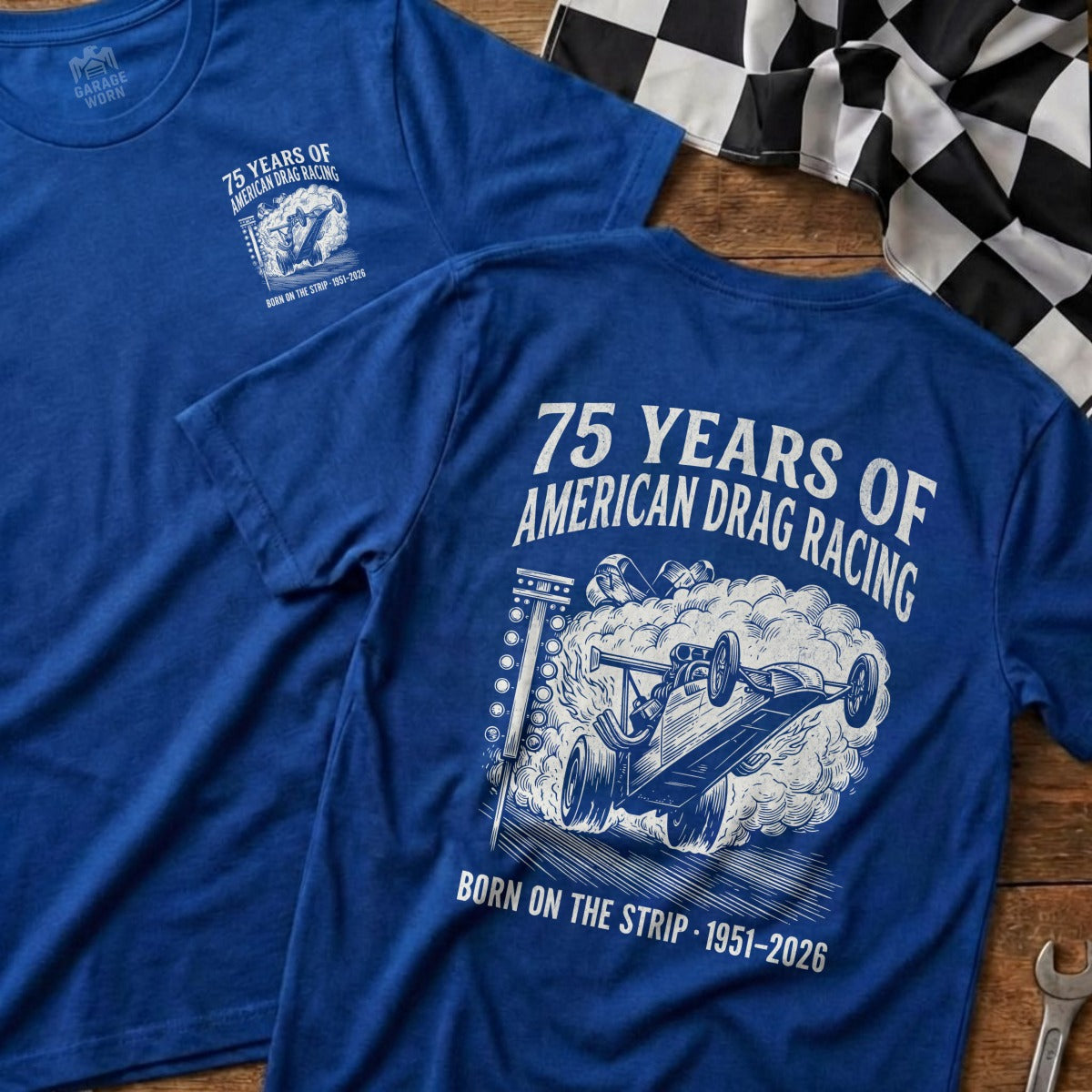 Blue t-shirt with "75 Years of American Drag Racing" text and dragster graphic.