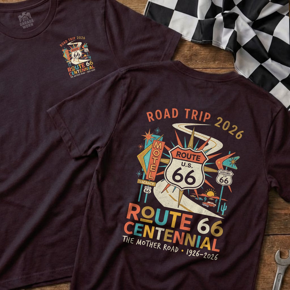 Burgundy t-shirt with Route 66 Centennial design on back and Garage Worn logo on front.
