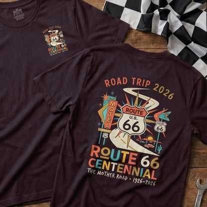 Burgundy t-shirt with Route 66 Centennial design on back and Garage Worn logo on front.