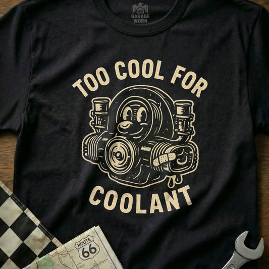 T-shirt with cartoon turbocharger saying "Too Cool for Coolant"