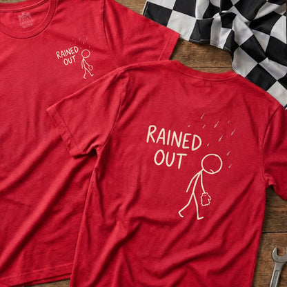 Two red t-shirts with a stick figure under rain, text "Rained Out".