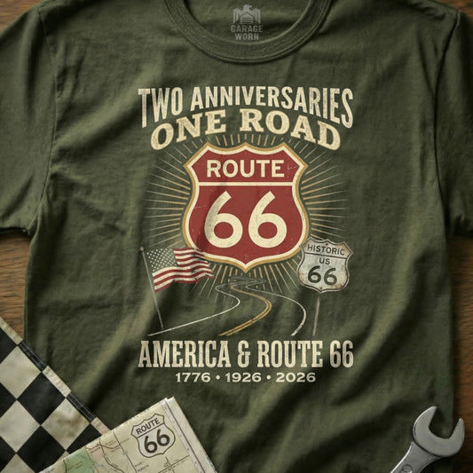 Olive green t-shirt with Route 66 "Two Anniversaries, One Road" graphic.