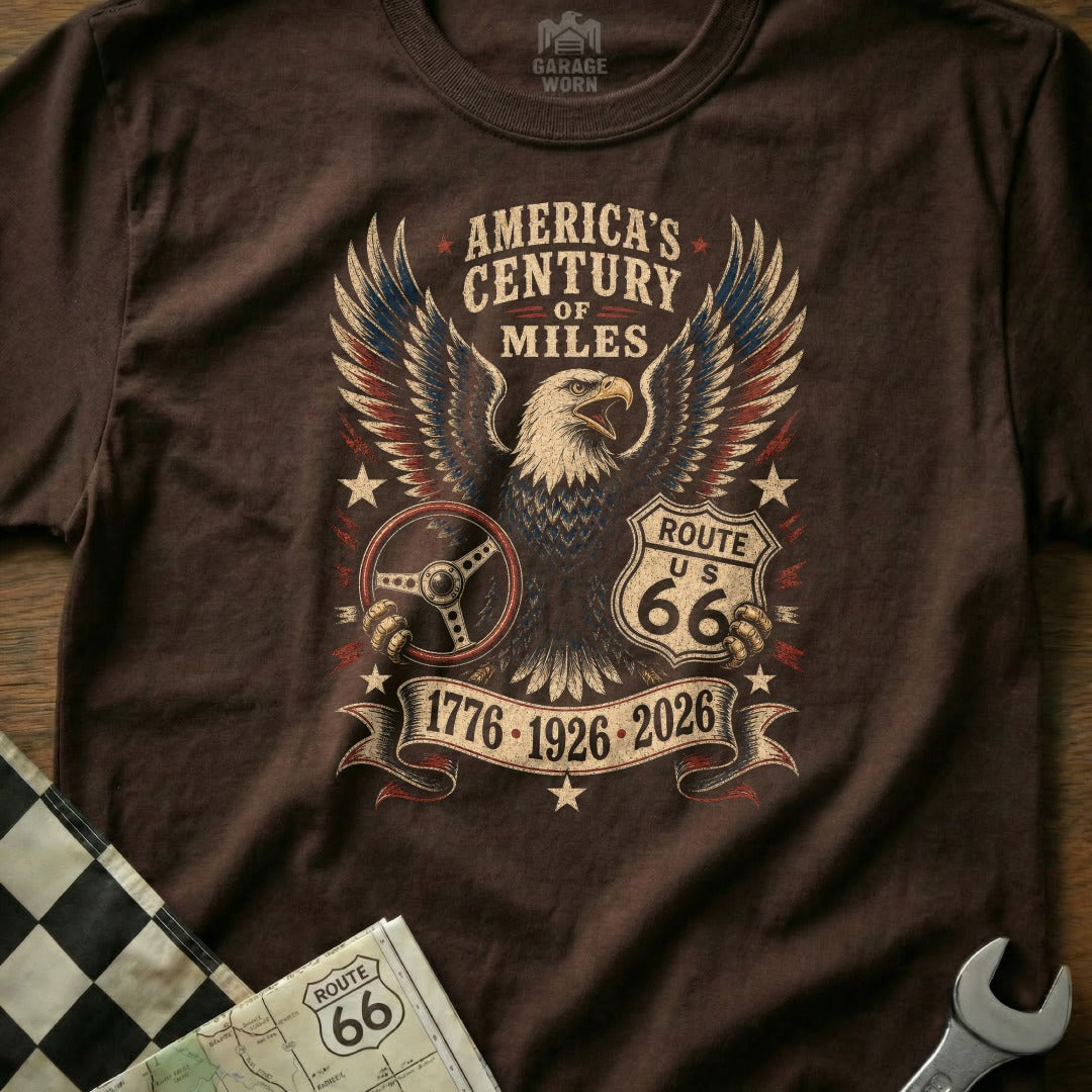 Brown t-shirt with eagle, steering wheel, and Route 66 design.