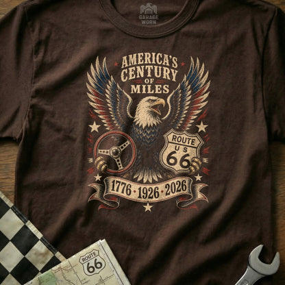 Brown t-shirt with eagle, steering wheel, and Route 66 design.