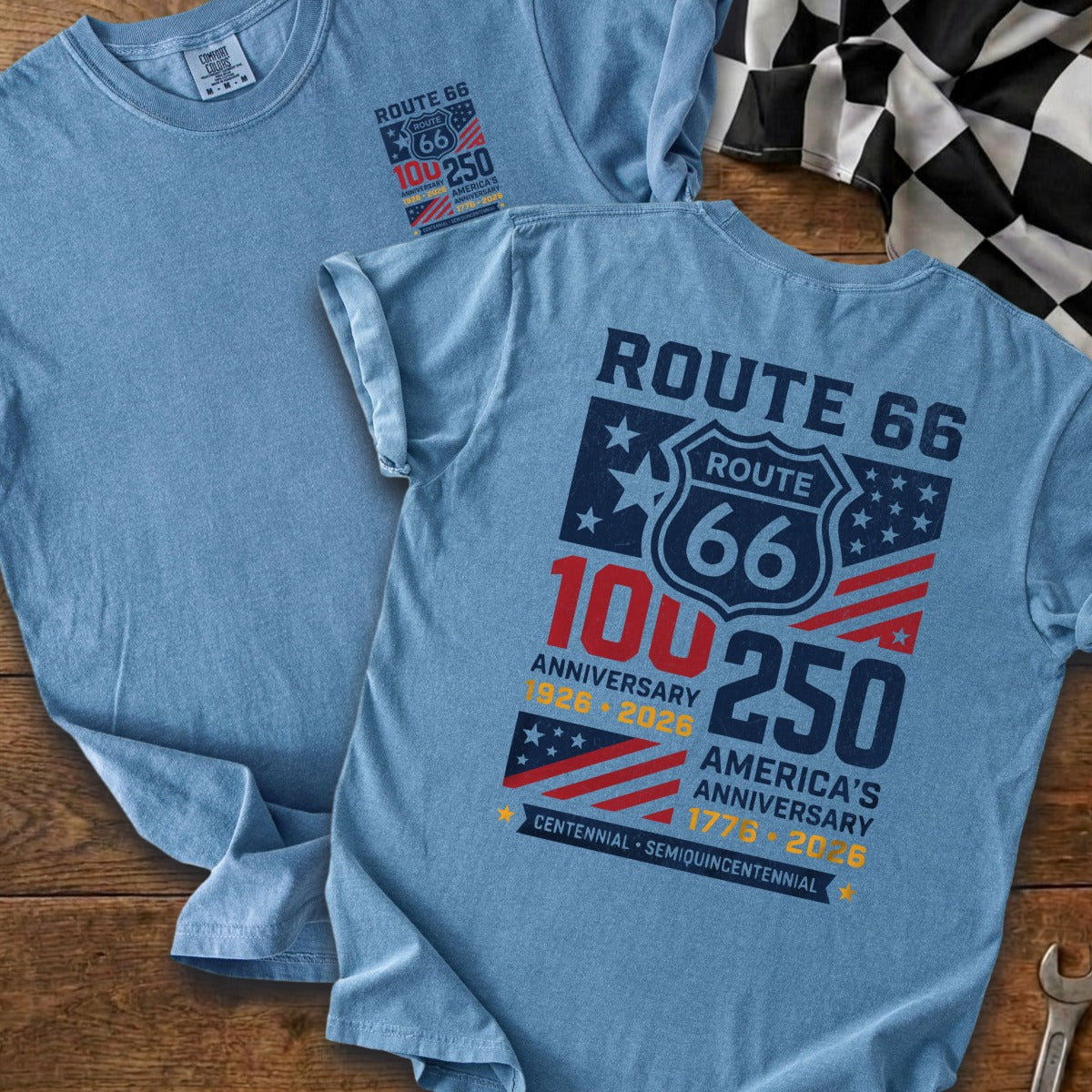 Route 66 t-shirt with 100th and America's 250th anniversary graphics.