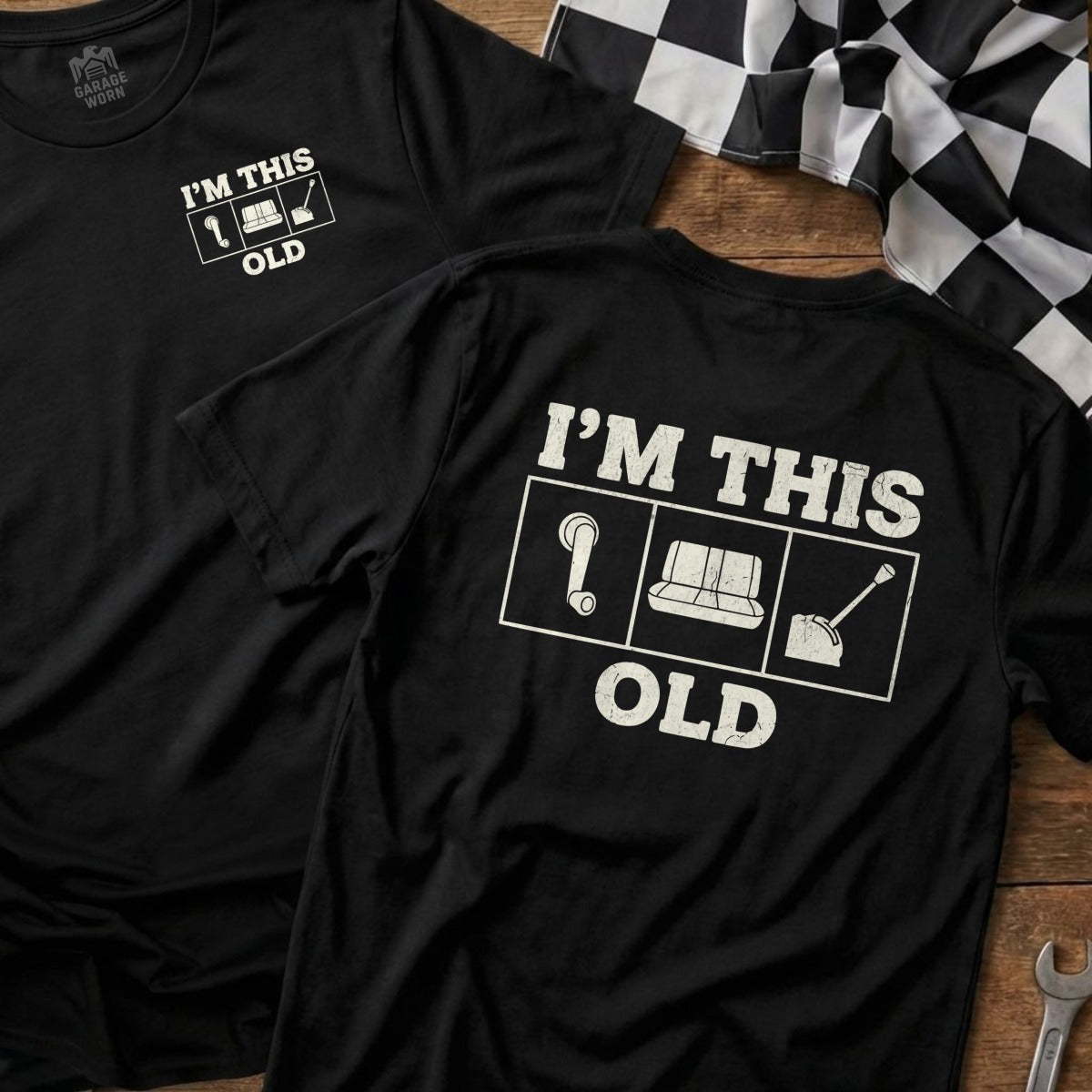 Black t-shirt with "I'm This Old" text and icons for couch, toilet, and shovel.
