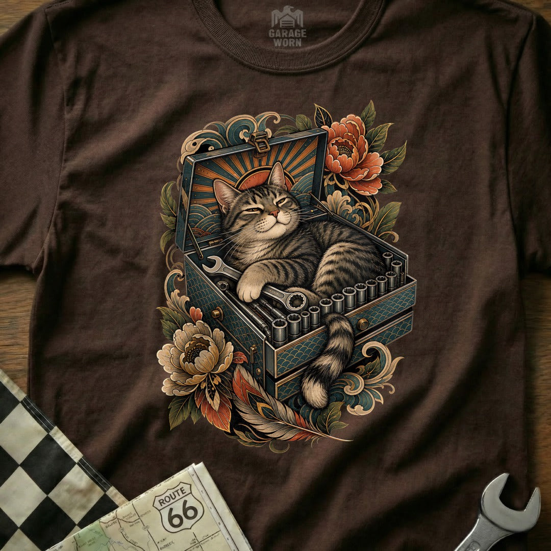 Tabby cat rests in an open toolbox with wrenches and socket set amid floral art.