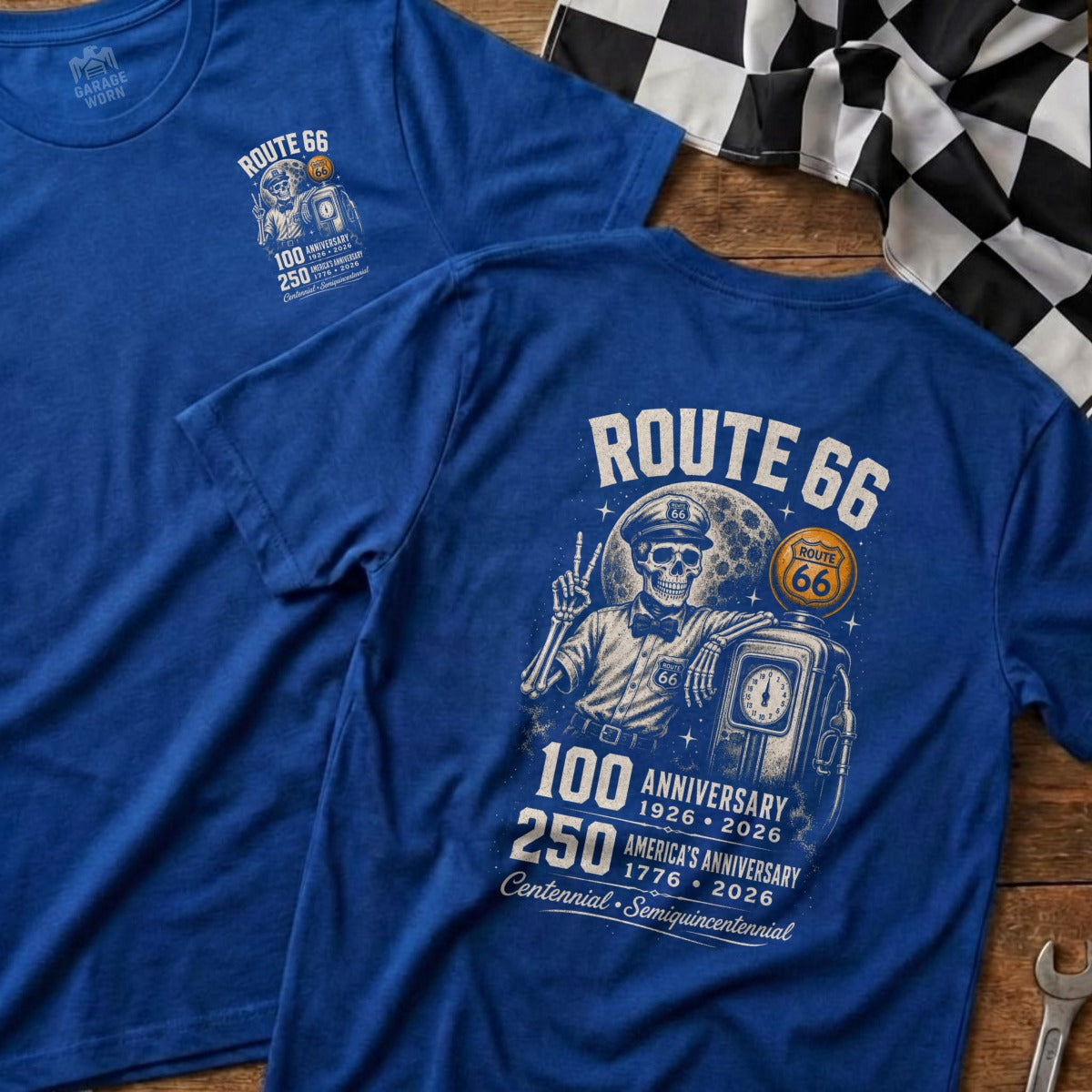 Blue t-shirt with Route 66 centennial and America's anniversary graphic.