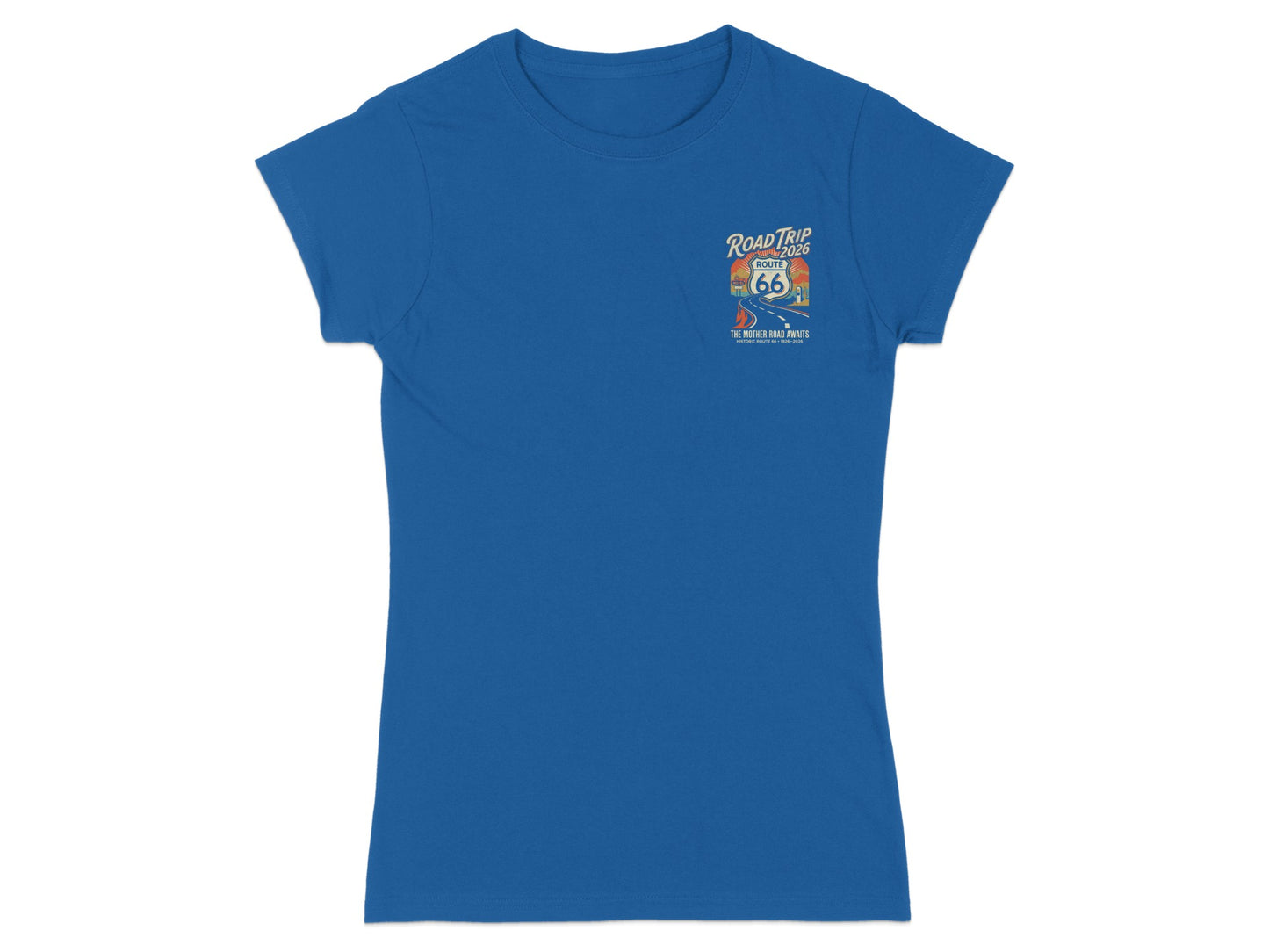Blue t-shirt with "Road Trip 66" graphic and Route 66 shield logo.