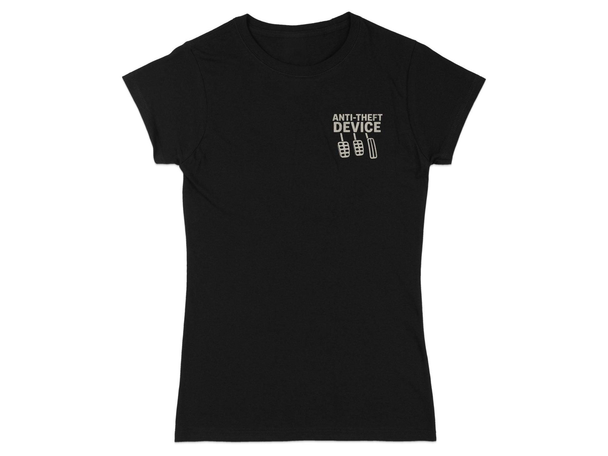 Black t-shirt with "Anti-Theft Device" and pedal icons.
