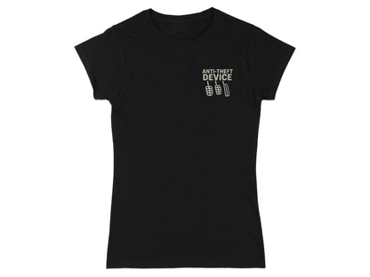 Black t-shirt with "Anti-Theft Device" and pedal icons.