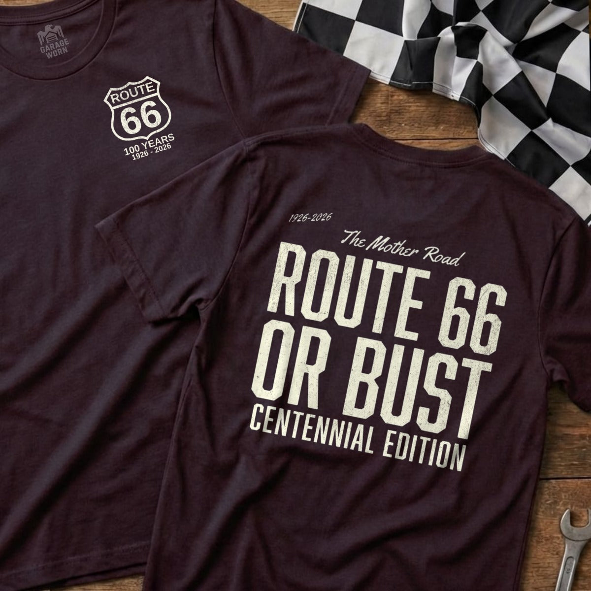 Route 66 Centennial Edition t-shirt with "Route 66 Or Bust" text.