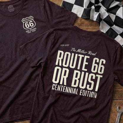 Route 66 Centennial Edition t-shirt with "Route 66 Or Bust" text.