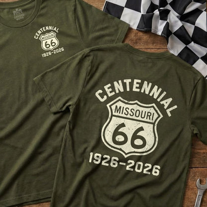 Olive green t-shirt with Centennial Missouri 66 logo and 1926-2026 dates.