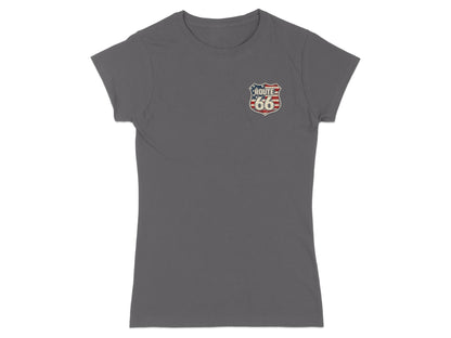 Dark grey t-shirt with Route 66 shield logo on the left chest.