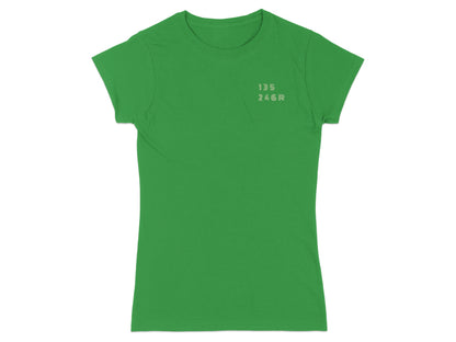 Green t-shirt with embroidered "135 246R" text on the left chest.