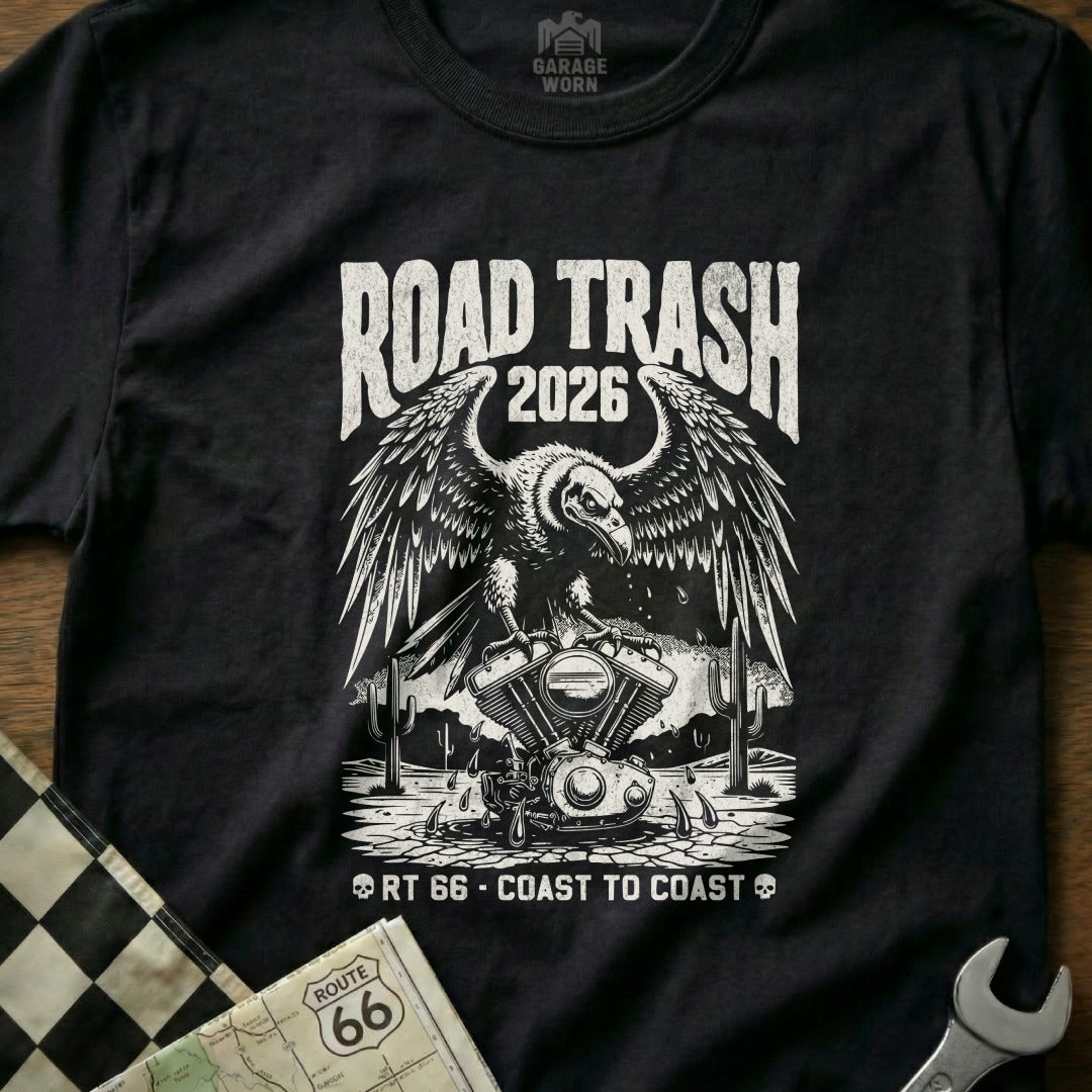 Black t-shirt with "Road Trash 2026" and eagle on motorcycle engine graphic.