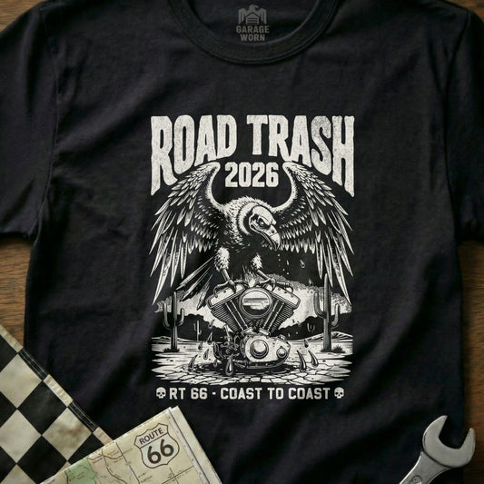 Black t-shirt with "Road Trash 2026" and eagle on motorcycle engine graphic.
