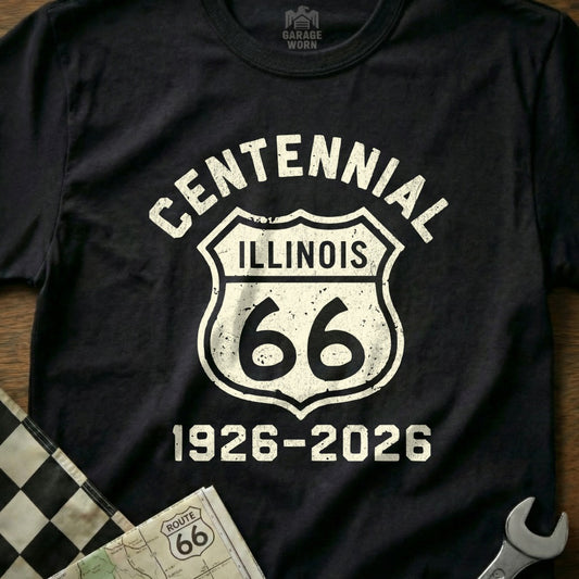 Black t-shirt with "Centennial Illinois Route 66 1926-2026" logo.