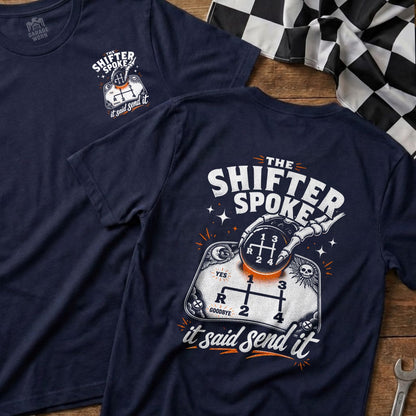 Dark blue t-shirt with graphic of skeleton hand on a gear shifter and "The Shifter Spoke" text.